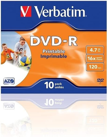 Verbatim 43521 4.7GB 16x DVD-R Printable - 10 Pack Jewel Case