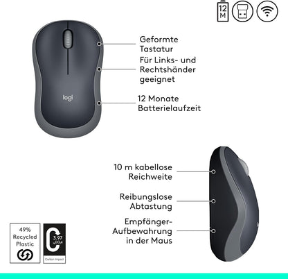 Logitech M185 Kabellose Maus, 2,4 GHz mit USB-Nano-Empfänger, 12 Monate Batterielaufzeit, 1000 DPI Optical Tracking, Für Links- und Rechtshänder, Kompatibel mit PC, Mac, Laptop - Grau