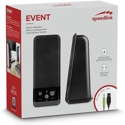 Speedlink Event Stereo Speakers SL-8004-BK, 2-Piece Desktop Set, USB Powered, Slimline Design, 3.5 Millilitre Jack Plug, 5W RMS Output Power, Black