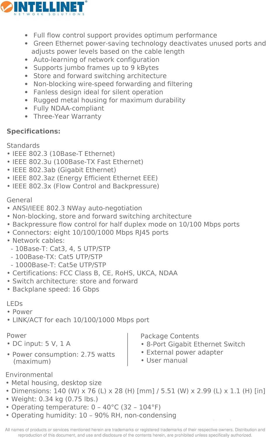 Intellinet 530347 8-Port Gigabit Ethernet Switch, Desktop size, Metal Housing, IEEE 802.3az (Energy Efficient Ethernet) 8 Port Gigabit Desktop