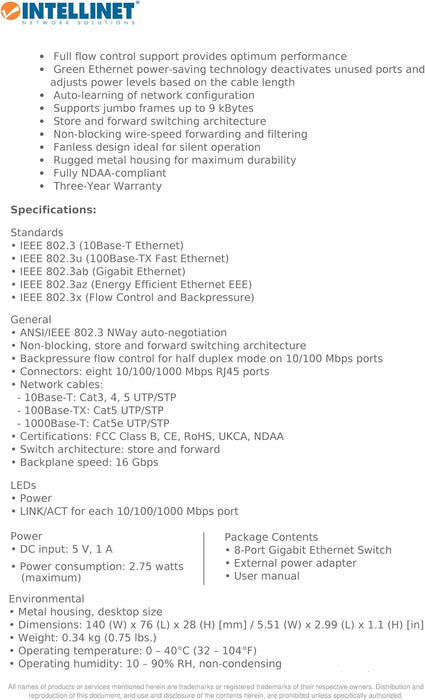 Intellinet 530347 8-Port Gigabit Ethernet Switch, Desktop size, Metal Housing, IEEE 802.3az (Energy Efficient Ethernet) 8 Port Gigabit Desktop