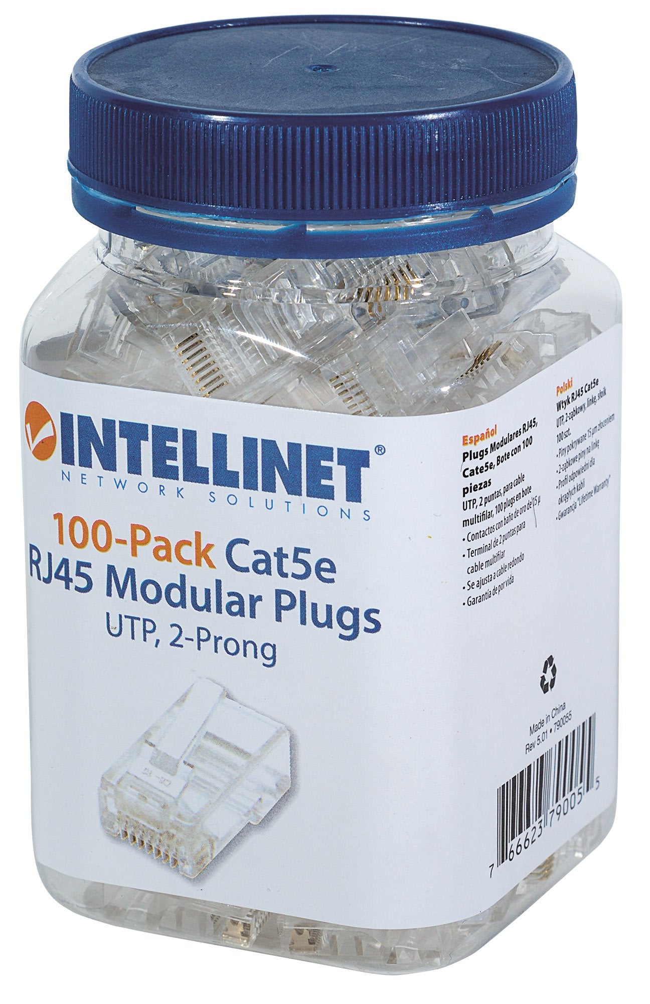Intellinet RJ45 Modular Plugs, Cat5e, UTP, 2-Prong, for Stranded Wire, 15 µ Gold Plated Contacts, 100 Pack