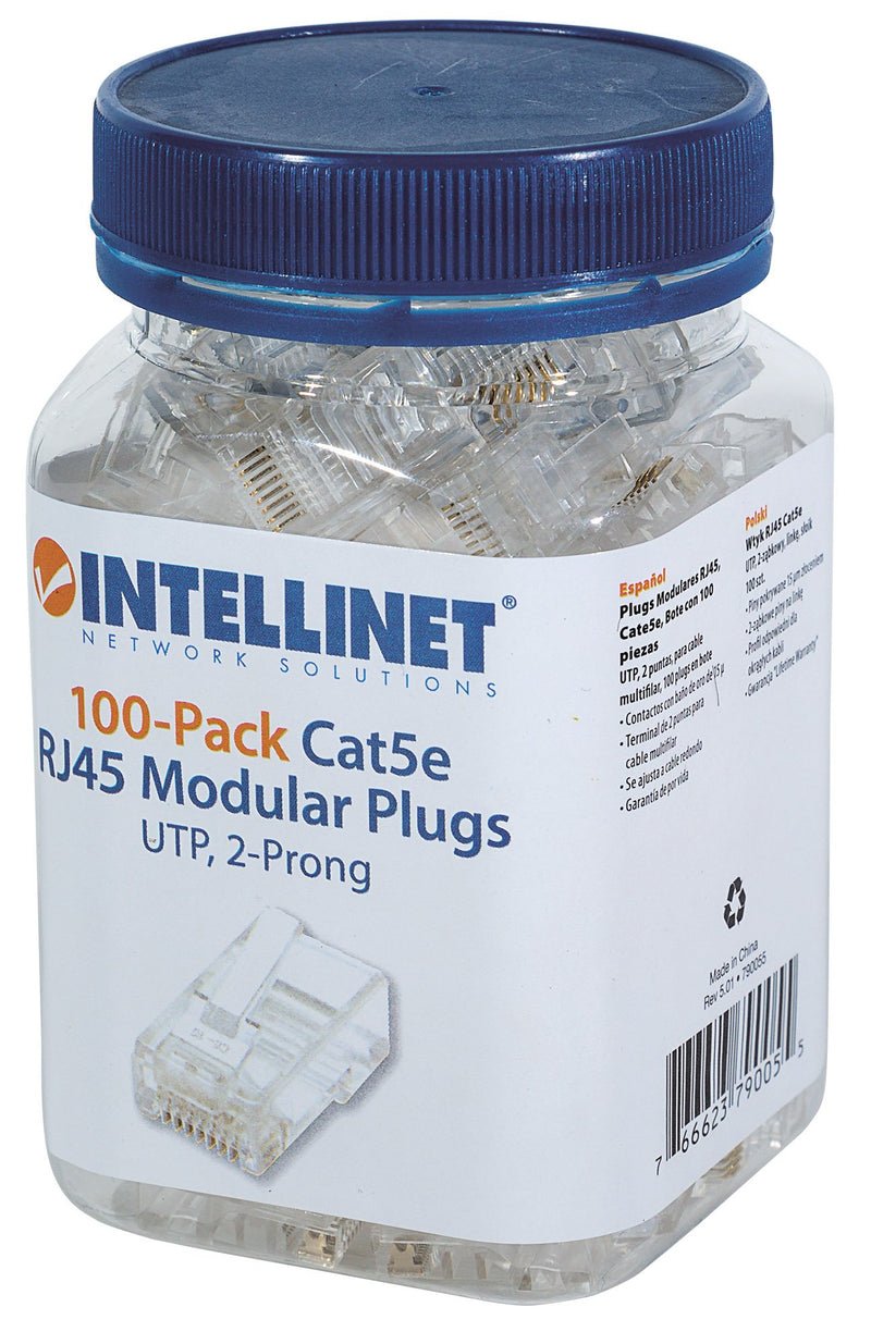 Intellinet RJ45 Modular Plugs, Cat5e, UTP, 2-Prong, for Stranded Wire, 15 µ Gold Plated Contacts, 100 Pack