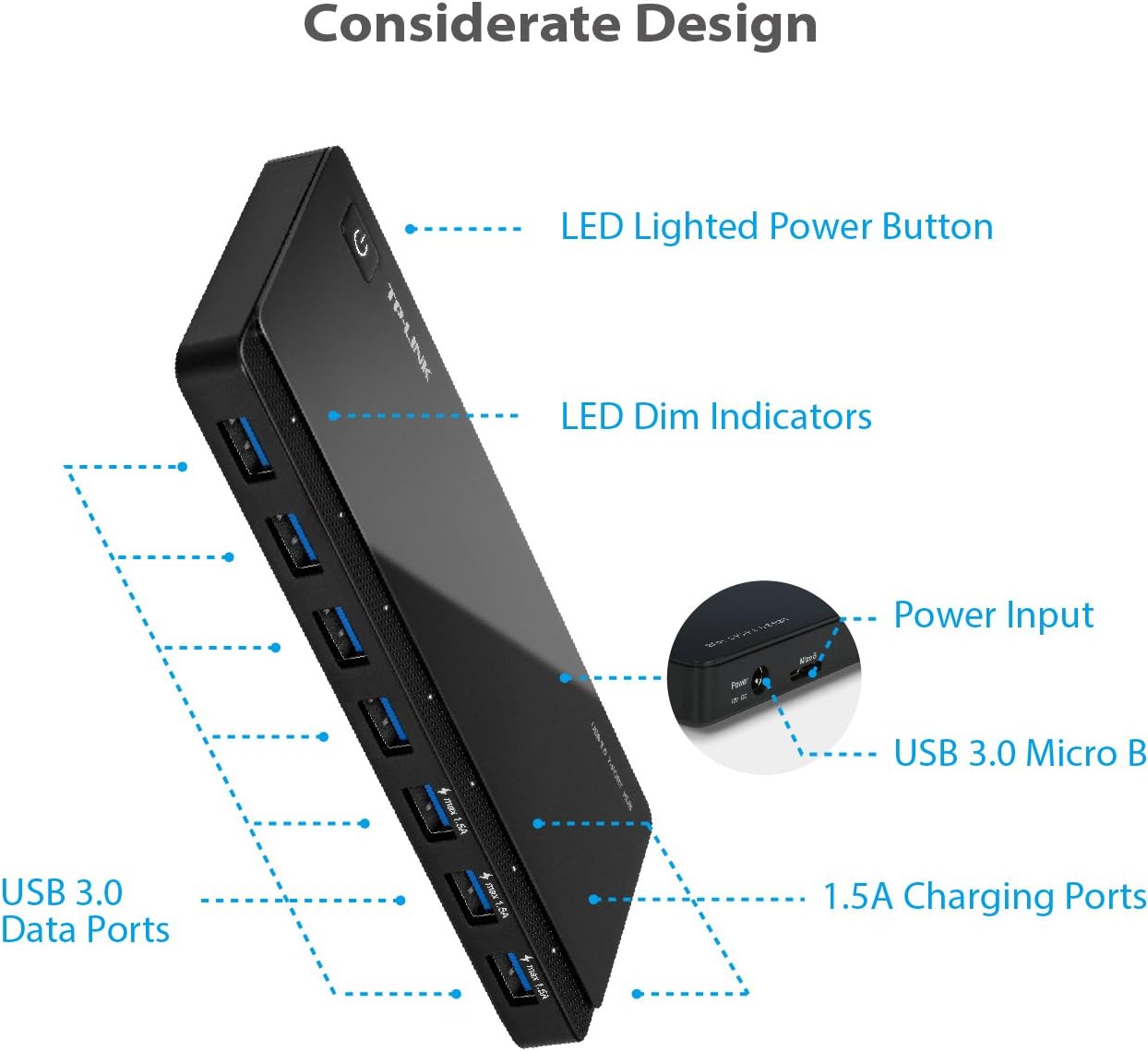 TP-Link USB 3.0 Micro B 7-Port Hub with 12V/2.5A Power Adapter and 1m USB3.0 Cable, Compatible with Windows, Mac OS X and Linux systems (UH700), Black USB 3.0 7-Port Hub
