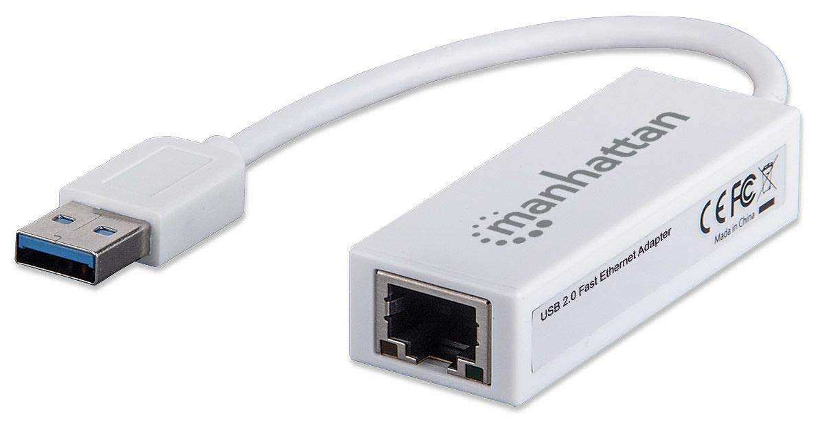 Manhattan USB-A Fast Ethernet Adapter, 10/100 Mbps Network, 480 Mbps (USB 2.0), Hi-Speed USB, RJ45, White, Three Year Warranty, Blister