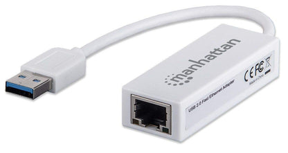 Manhattan USB-A Fast Ethernet Adapter, 10/100 Mbps Network, 480 Mbps (USB 2.0), Hi-Speed USB, RJ45, White, Three Year Warranty, Blister