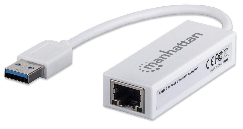 Manhattan USB-A Fast Ethernet Adapter, 10/100 Mbps Network, 480 Mbps (USB 2.0), Hi-Speed USB, RJ45, White, Three Year Warranty, Blister