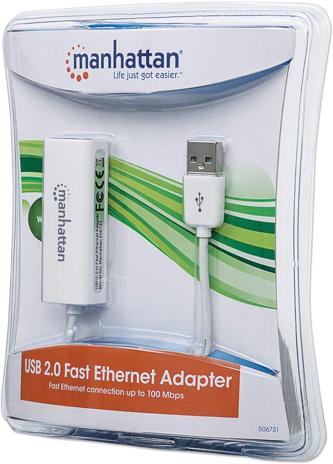 Manhattan USB-A Fast Ethernet Adapter, 10/100 Mbps Network, 480 Mbps (USB 2.0), Hi-Speed USB, RJ45, White, Three Year Warranty, Blister