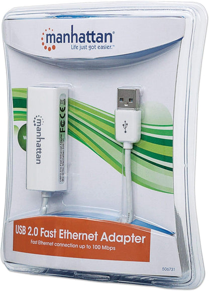 Manhattan USB-A Fast Ethernet Adapter, 10/100 Mbps Network, 480 Mbps (USB 2.0), Hi-Speed USB, RJ45, White, Three Year Warranty, Blister
