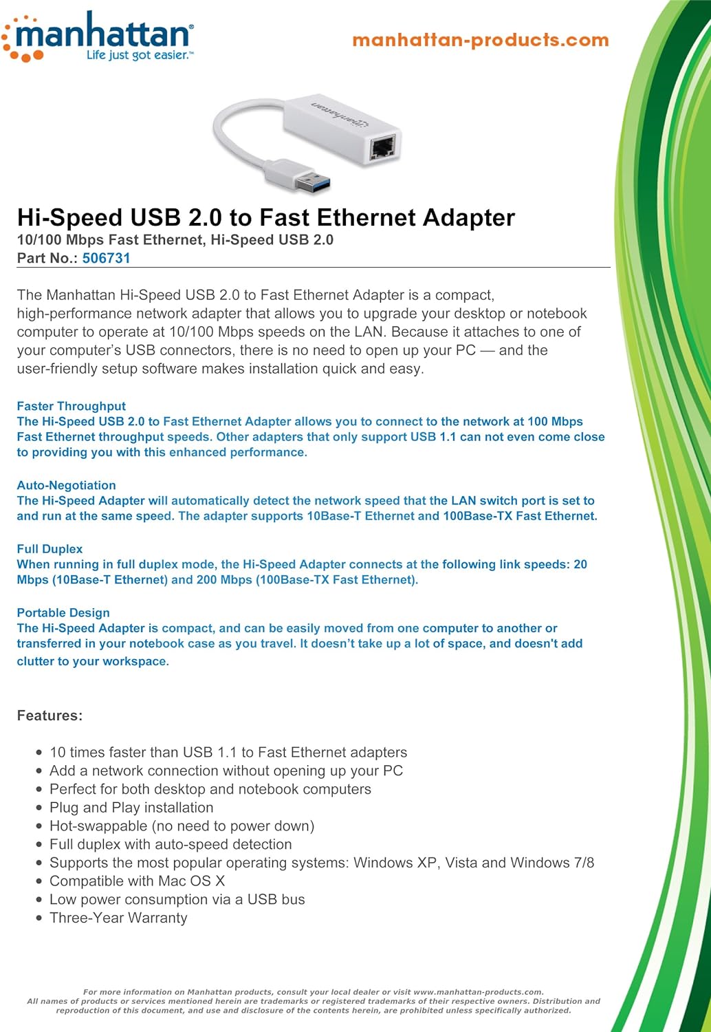 Manhattan USB-A Fast Ethernet Adapter, 10/100 Mbps Network, 480 Mbps (USB 2.0), Hi-Speed USB, RJ45, White, Three Year Warranty, Blister