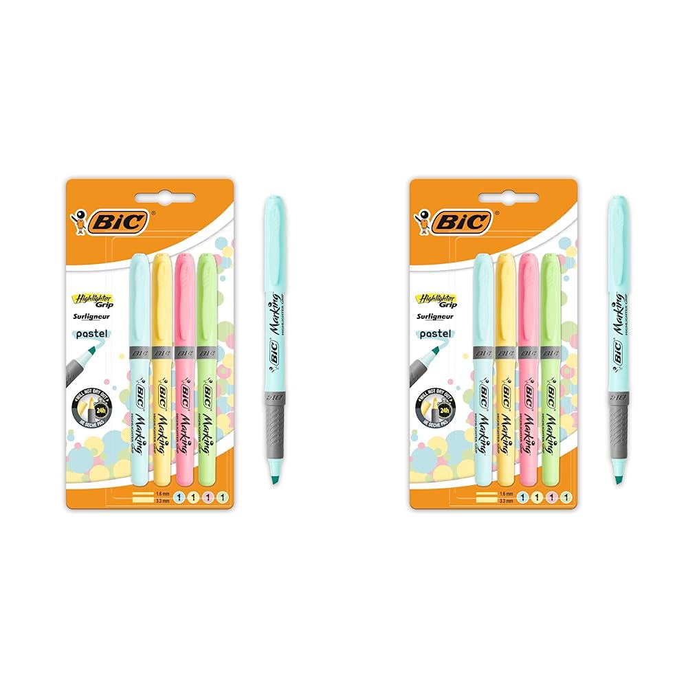 Bic Highlighter Grip Pens with Anti-Drying Technology in 4 Assorted Colors, Water-Based