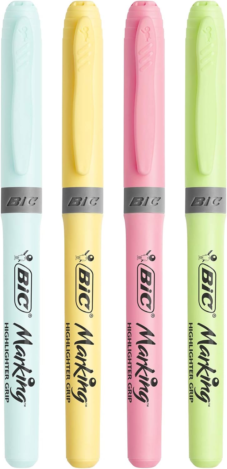 Bic Highlighter Grip Pens with Anti-Drying Technology in 4 Assorted Colors, Water-Based