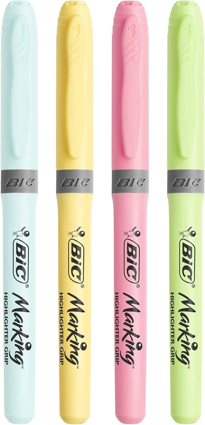 Bic Highlighter Grip Pens with Anti-Drying Technology in 4 Assorted Colors, Water-Based