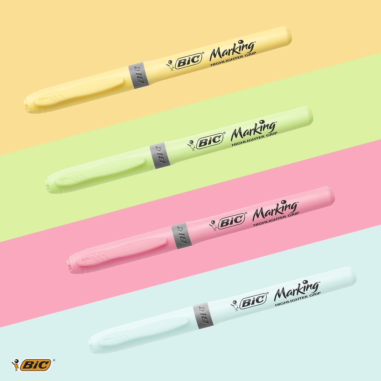 Bic Highlighter Grip Pens with Anti-Drying Technology in 4 Assorted Colors, Water-Based