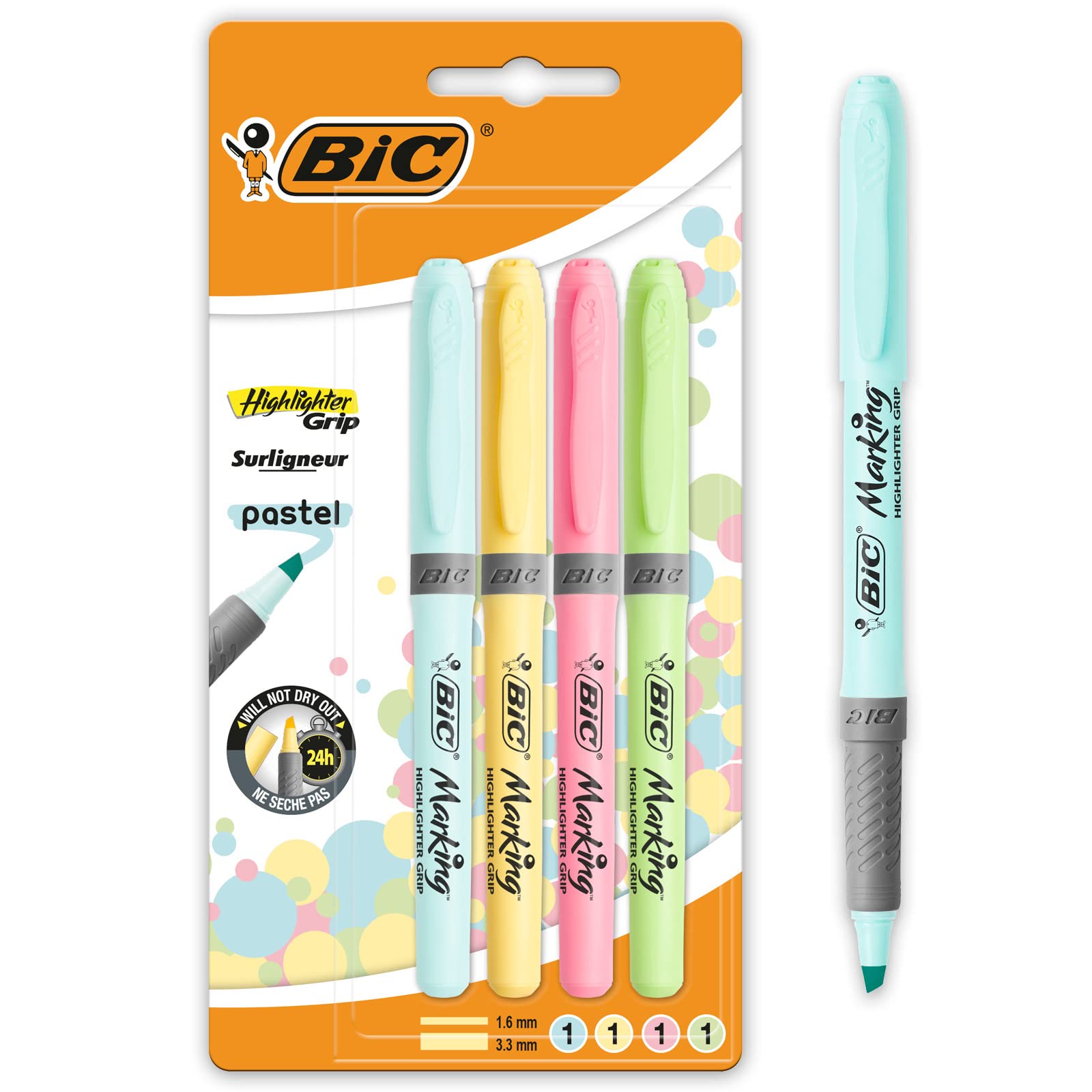 Bic Highlighter Grip Pens with Anti-Drying Technology in 4 Assorted Colors, Water-Based