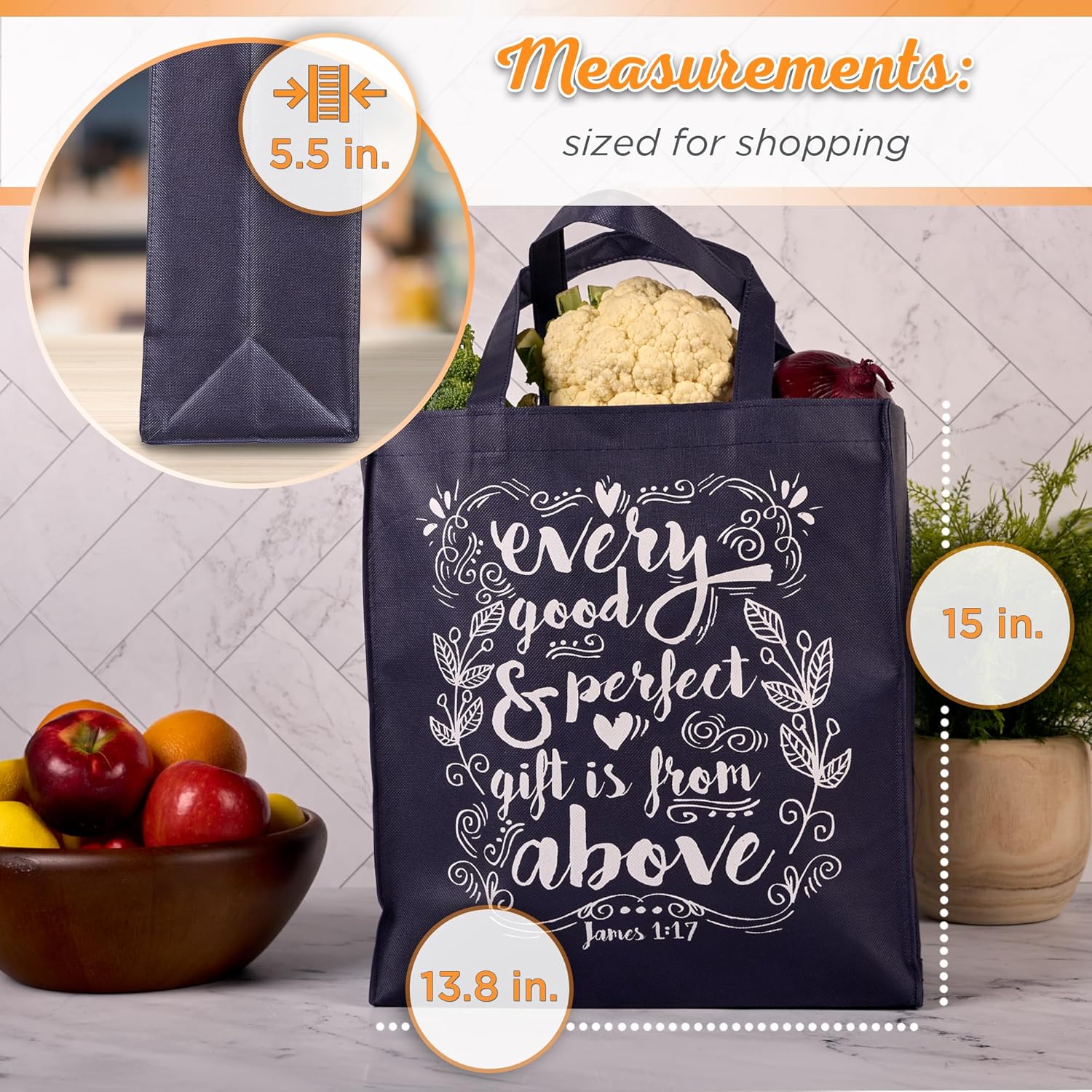 Christian Art Gifts Large Reusable Shopping Tote Bags for Women & Men, Inspirational Scripture, Sturdy Handles, Multicolor