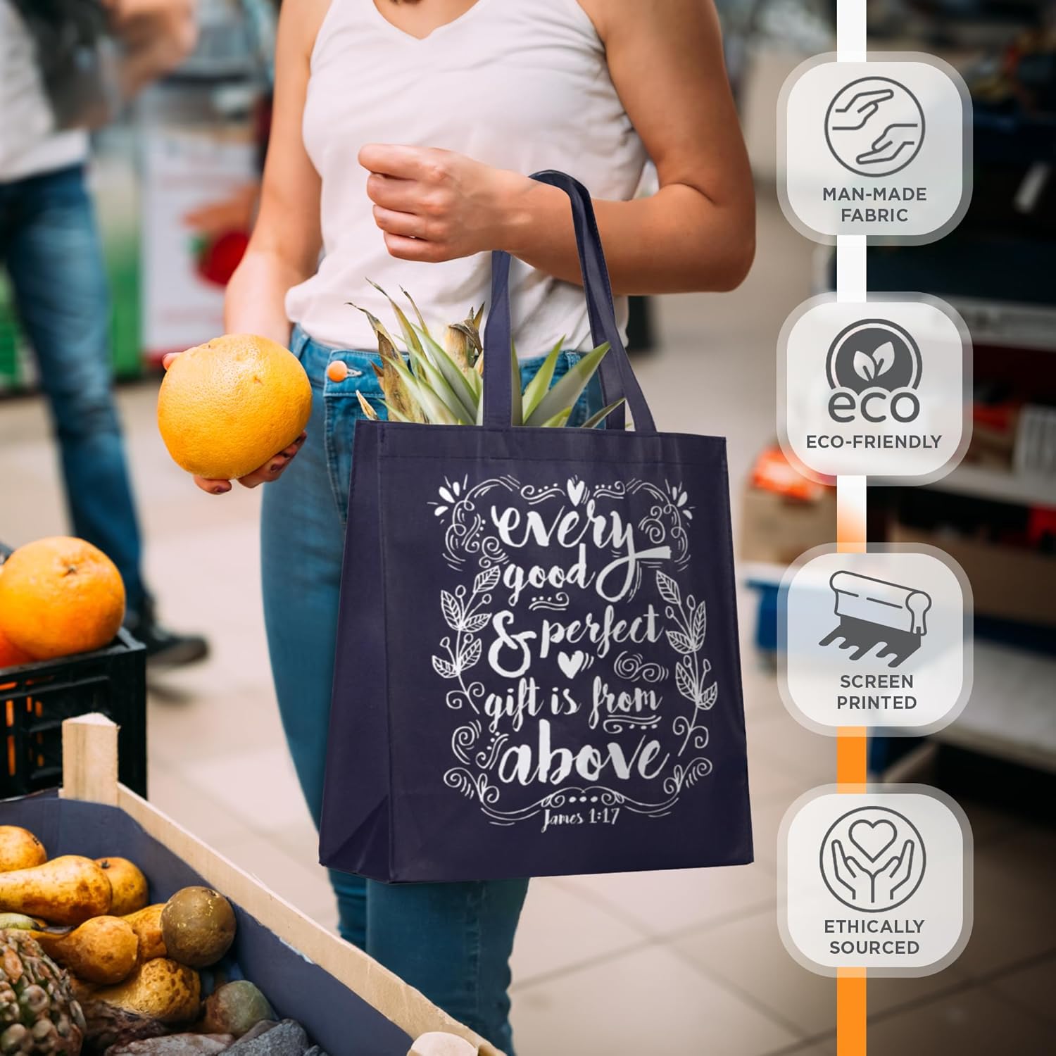 Christian Art Gifts Large Reusable Shopping Tote Bags for Women & Men, Inspirational Scripture, Sturdy Handles, Multicolor