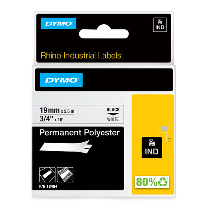 DYMO Rhino Industrial Permanent Polyester Labels | 19mm x 5.5m | Black Print on White | Self-Adhesive | for Rhino & LabelManager Label Makers