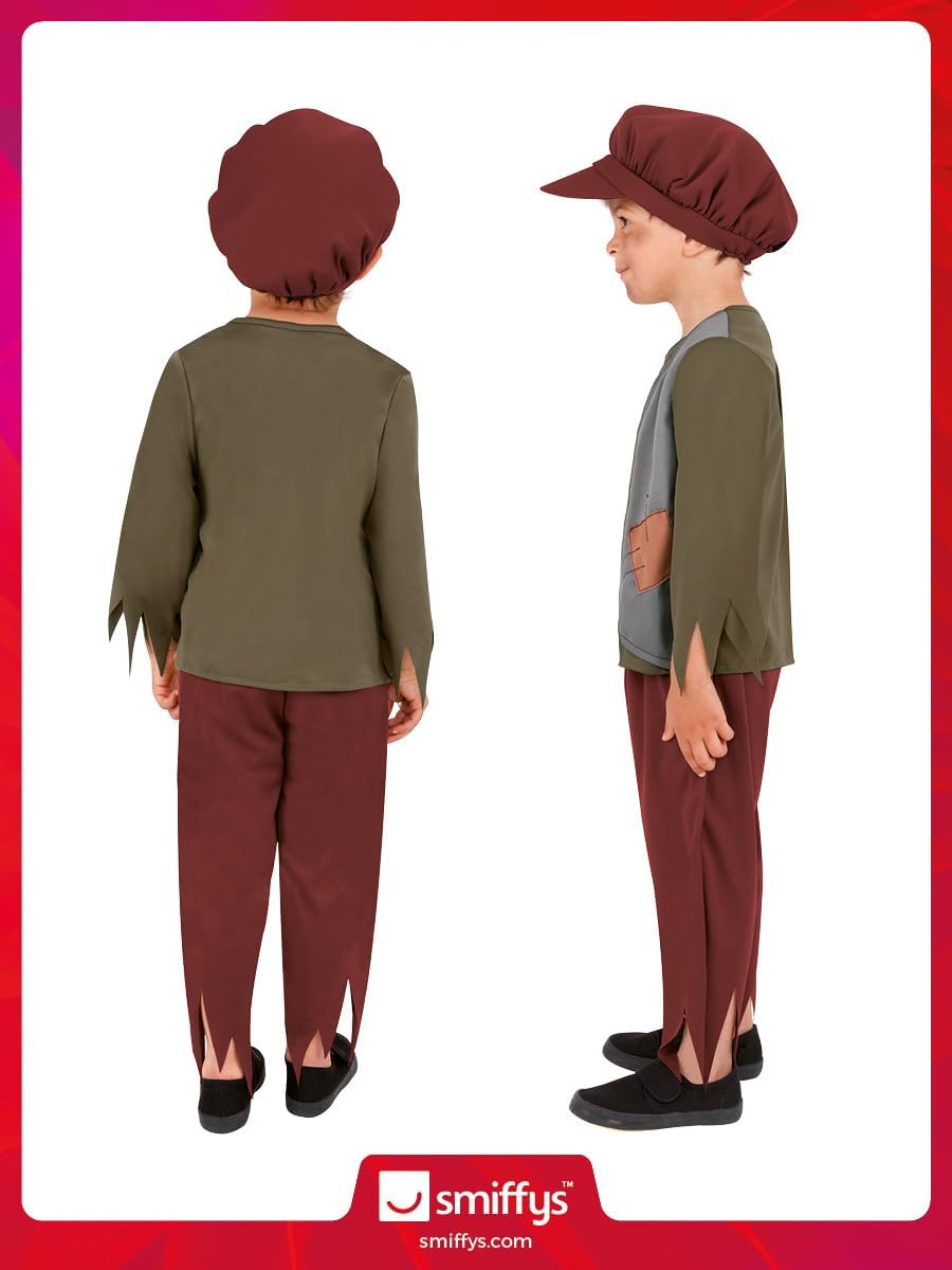 Smiffys Victorian Poor Boy Costume, Green with Top, Trousers & Hat, Child Dress Up Costumes