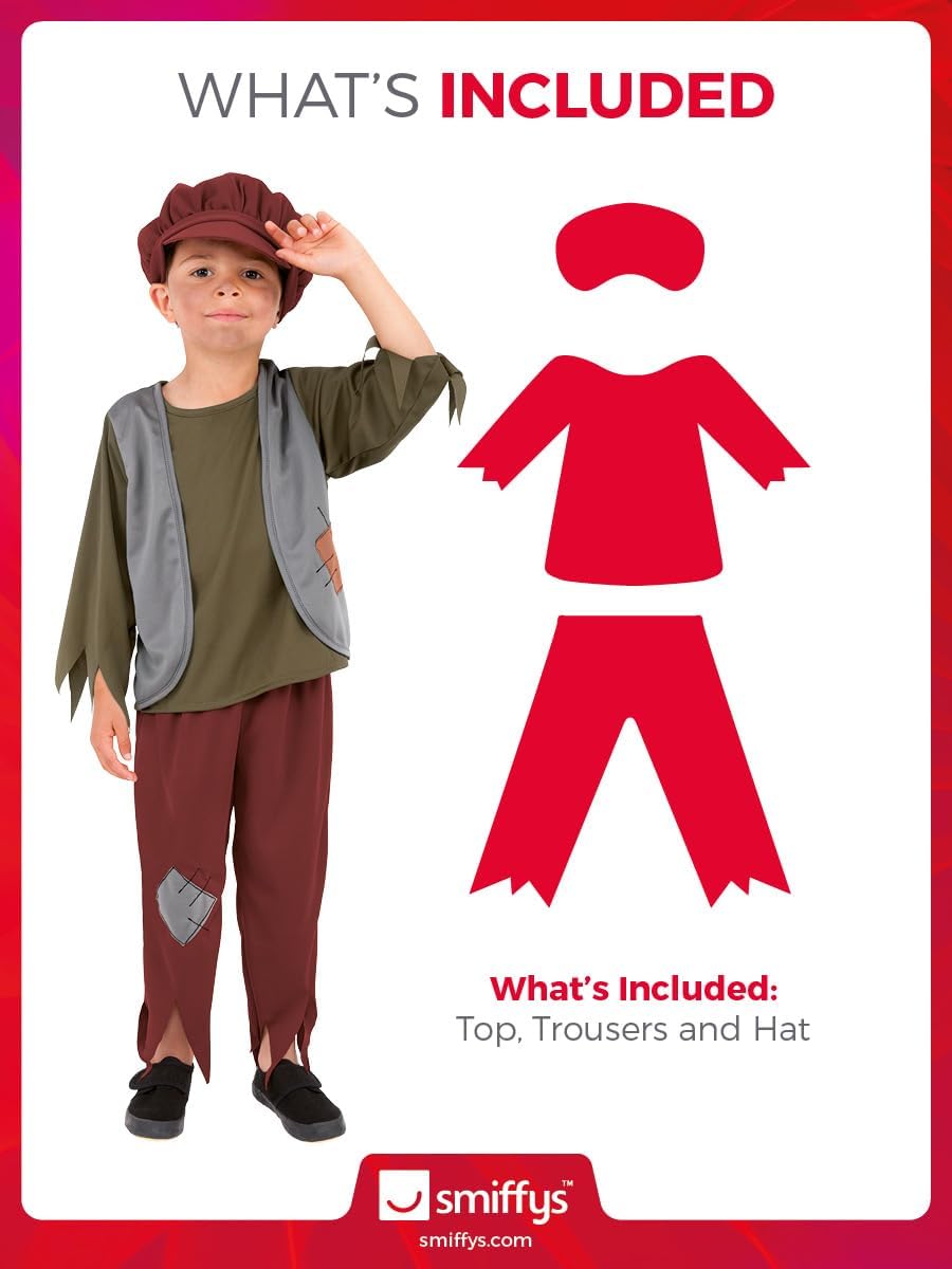Smiffys Victorian Poor Boy Costume, Green with Top, Trousers & Hat, Child Dress Up Costumes
