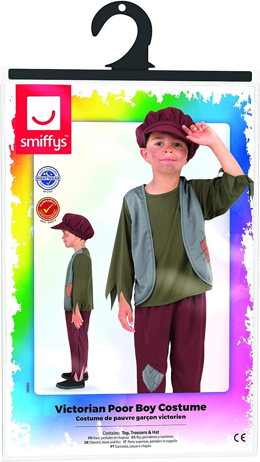 Smiffys Victorian Poor Boy Costume, Green with Top, Trousers & Hat, Child Dress Up Costumes