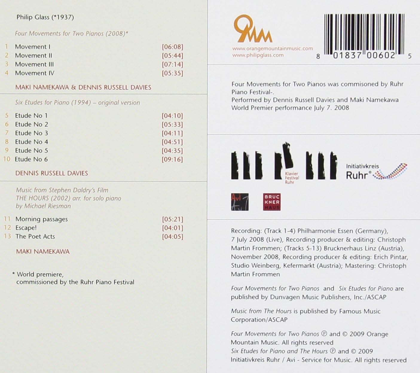 Philip Glass: Festival Ruhr Glass Piano Music