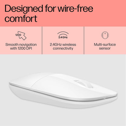 HP Z3700 Wireless Mouse, White, Slim, Multi-OS & Device Compatibility, 2.4 GHZ Connectivity, Multi-Surface Technology, Blue LED 1200 dpi Optical Sensor, Up to 16 Months Battery Life