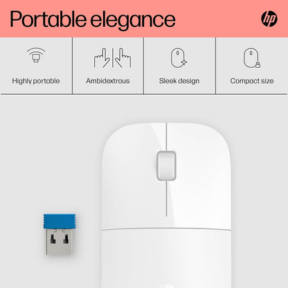 HP Z3700 Wireless Mouse, White, Slim, Multi-OS & Device Compatibility, 2.4 GHZ Connectivity, Multi-Surface Technology, Blue LED 1200 dpi Optical Sensor, Up to 16 Months Battery Life