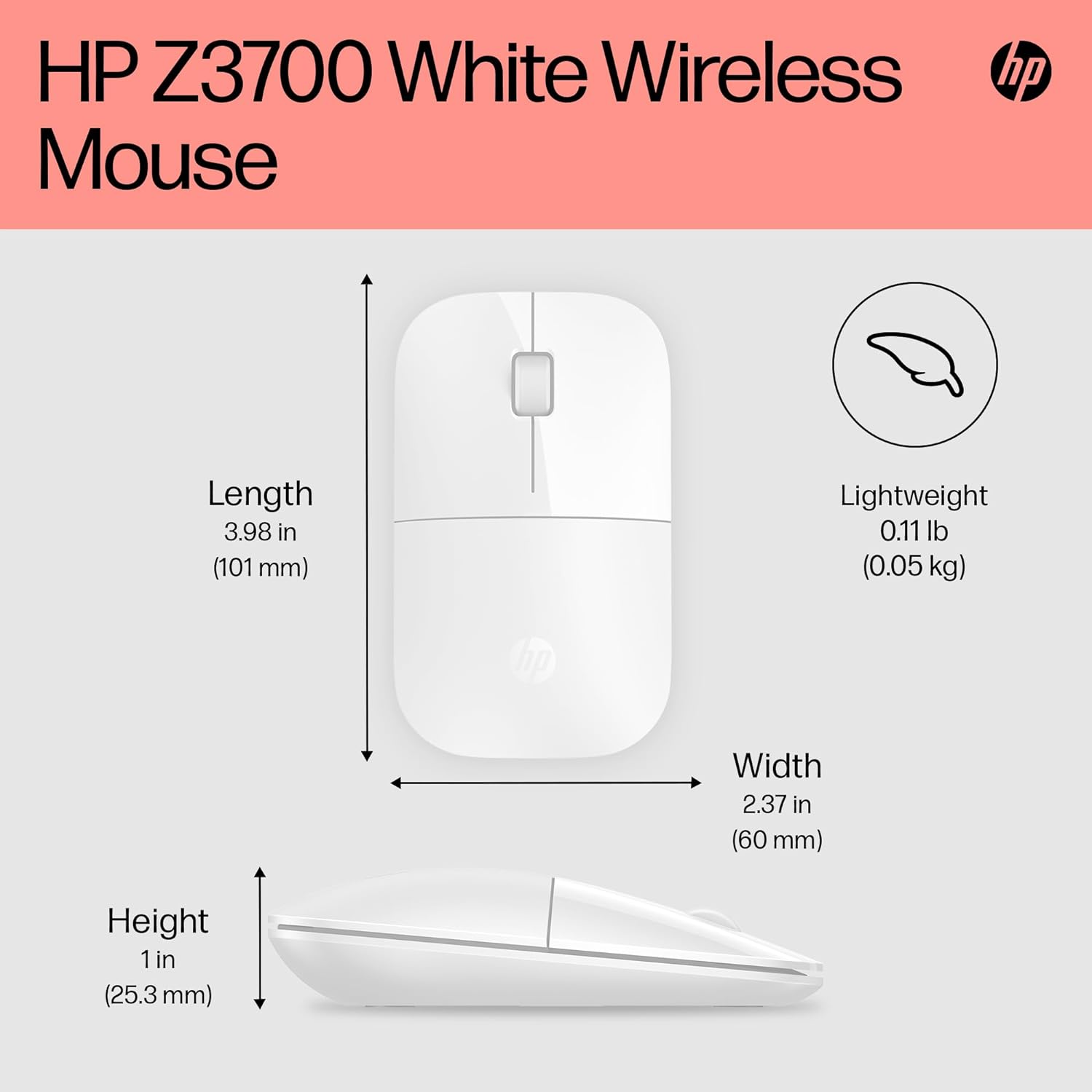 HP Z3700 Wireless Mouse, White, Slim, Multi-OS & Device Compatibility, 2.4 GHZ Connectivity, Multi-Surface Technology, Blue LED 1200 dpi Optical Sensor, Up to 16 Months Battery Life