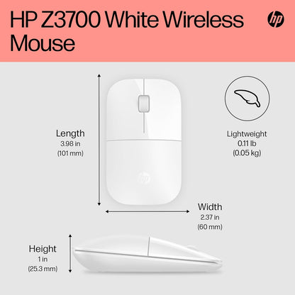 HP Z3700 Wireless Mouse, White, Slim, Multi-OS & Device Compatibility, 2.4 GHZ Connectivity, Multi-Surface Technology, Blue LED 1200 dpi Optical Sensor, Up to 16 Months Battery Life