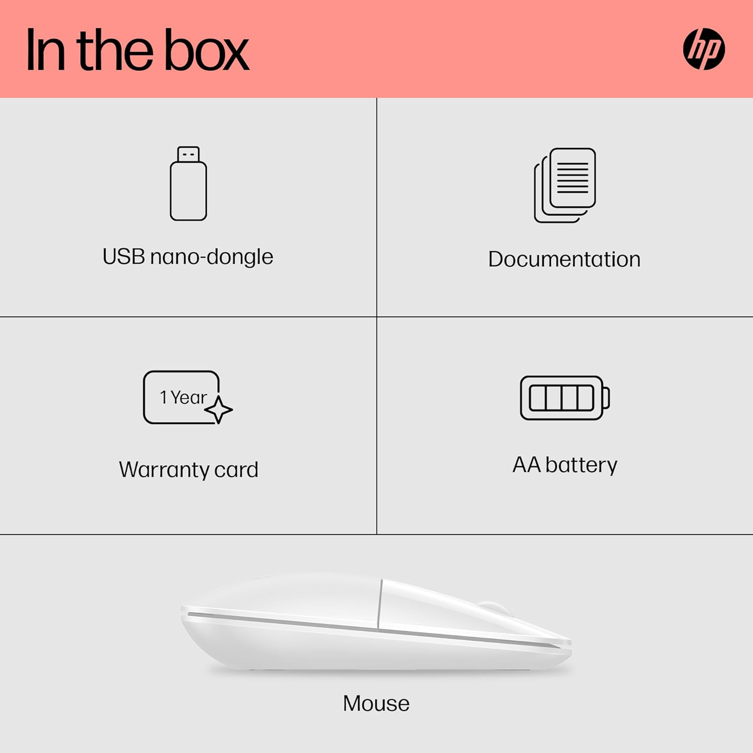 HP Z3700 Wireless Mouse, White, Slim, Multi-OS & Device Compatibility, 2.4 GHZ Connectivity, Multi-Surface Technology, Blue LED 1200 dpi Optical Sensor, Up to 16 Months Battery Life