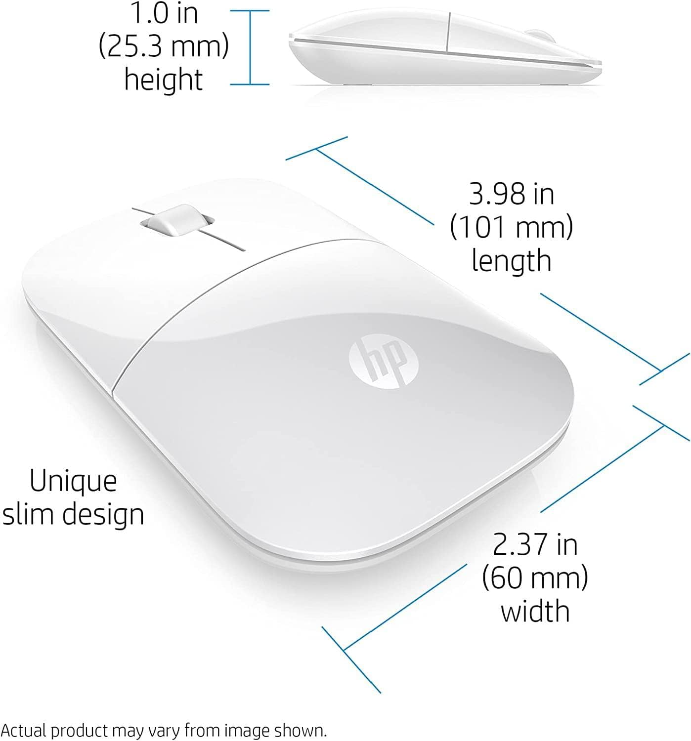 HP Z3700 Wireless Mouse, White, Slim, Multi-OS & Device Compatibility, 2.4 GHZ Connectivity, Multi-Surface Technology, Blue LED 1200 dpi Optical Sensor, Up to 16 Months Battery Life