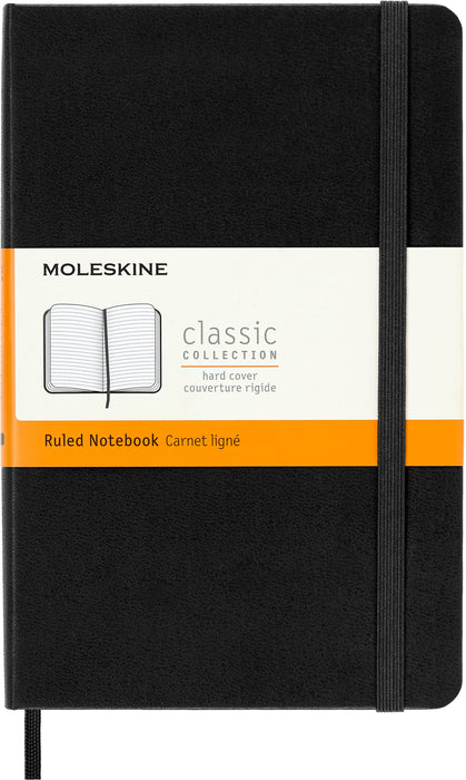 Moleskine Classic Ruled Paper Notebook, Hard Cover and Elastic Closure Journal, Color Black, Size Medium 11.5 x 18 cm, 208 Pages