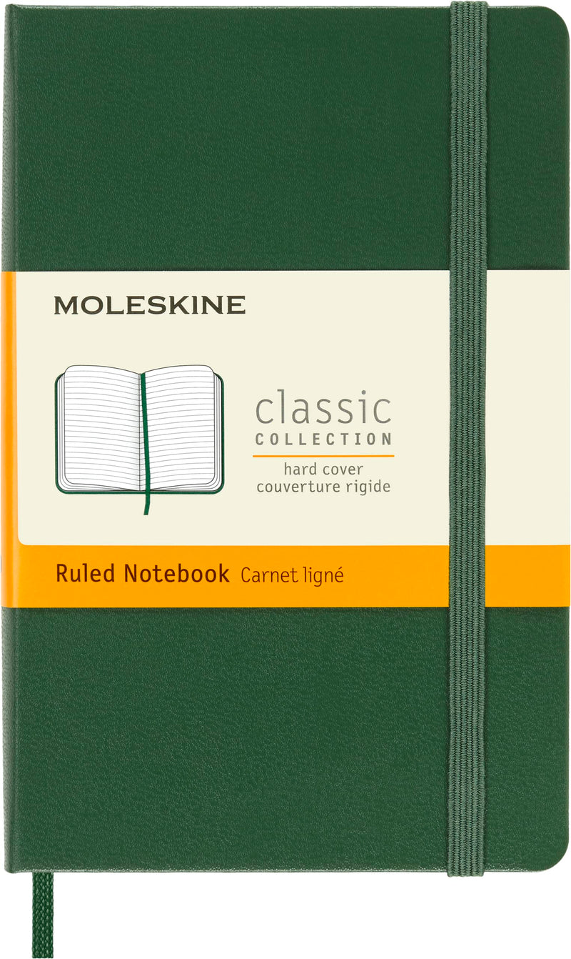 Moleskine Classic Ruled Paper Notebook, Hard Cover and Elastic Closure Journal, Color Myrtle Green, Size Pocket 9 x 14 cm, 192 Pages