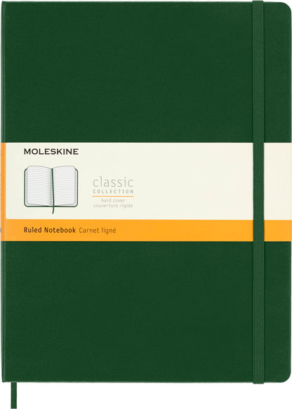 Moleskine Classic Ruled Paper Notebook, Hard Cover and Elastic Closure Journal, Color Myrtle Green, Size Extra Large 19 x 25 cm, 192 Pages
