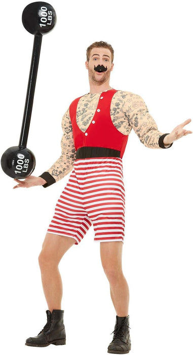 Smiffys Deluxe Strongman Costume, Red & White with Short Jumpsuit & Moustache, Circus Fancy Dress, Adult Dress Up Costumes