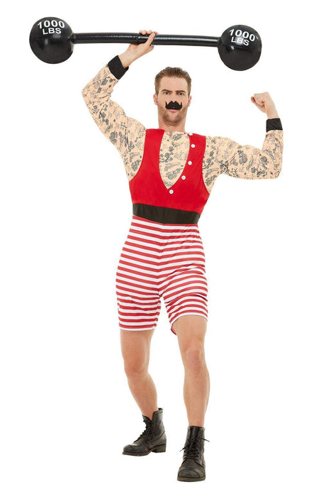 Smiffys Deluxe Strongman Costume, Red & White with Short Jumpsuit & Moustache, Circus Fancy Dress, Adult Dress Up Costumes