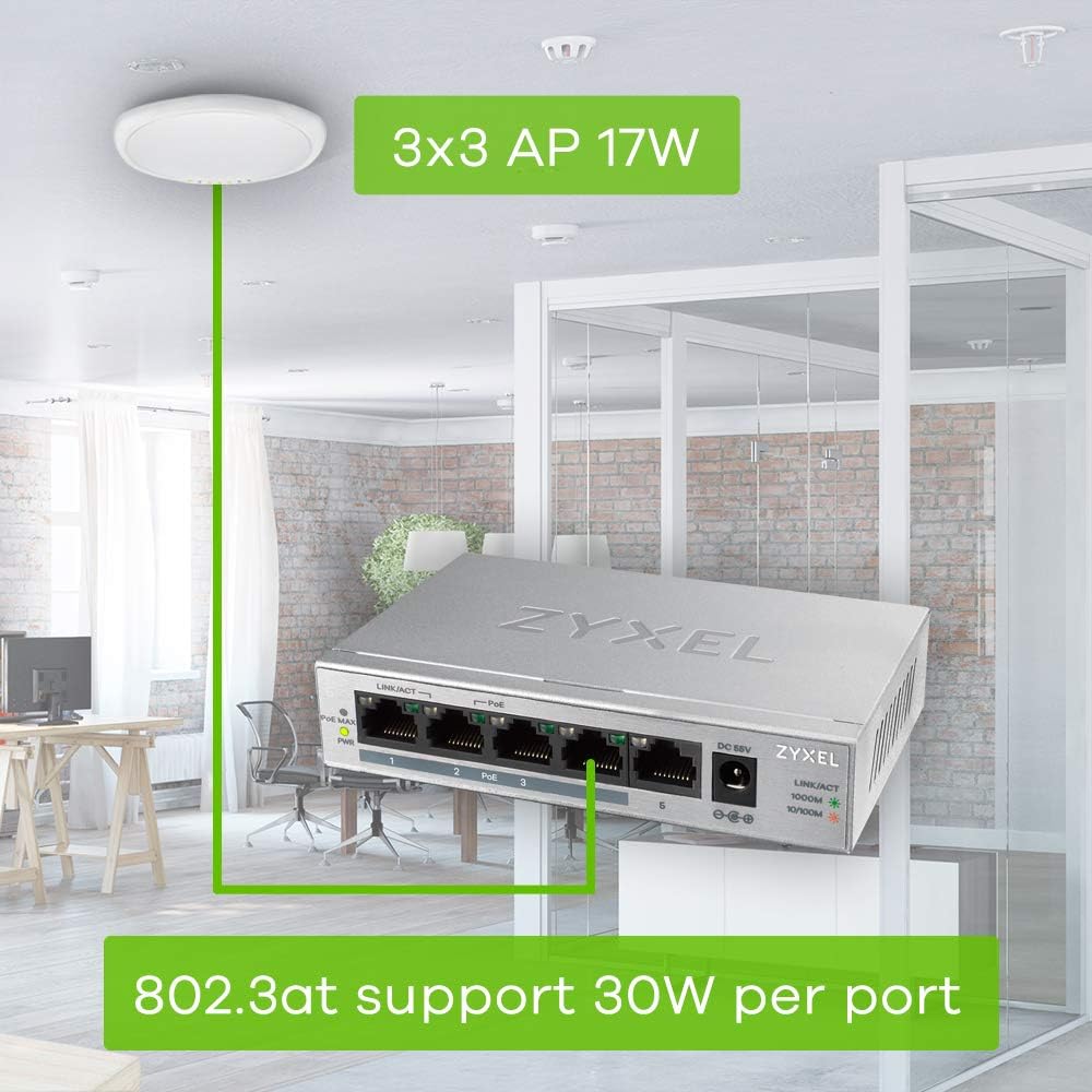 ZyXEL 5 Port Gigabit Unmanaged 4 x PoE+ with 60 Watt Budget, Limited Lifetime Protection