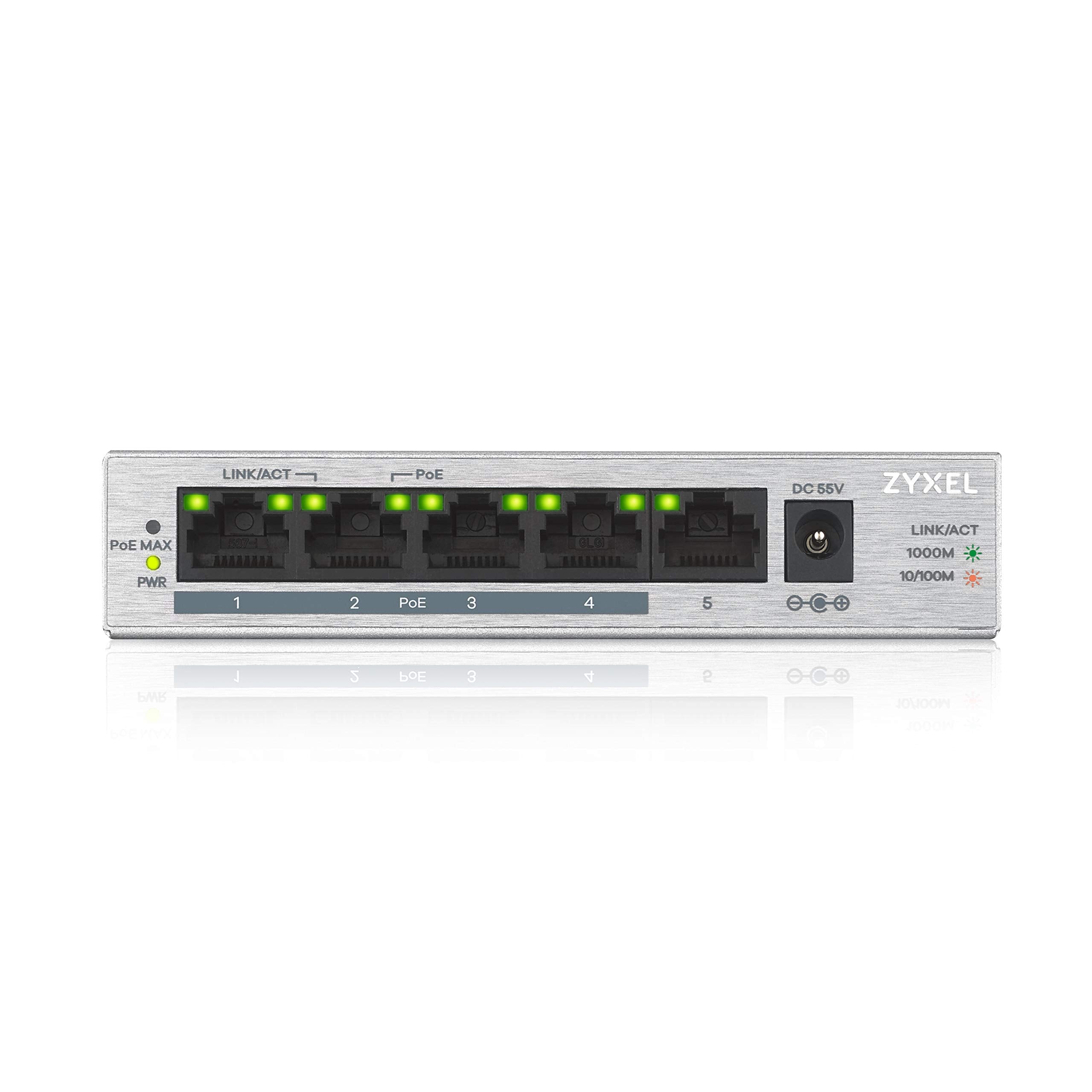 ZyXEL 5 Port Gigabit Unmanaged 4 x PoE+ with 60 Watt Budget, Limited Lifetime Protection