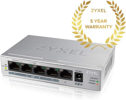 ZyXEL 5 Port Gigabit Unmanaged 4 x PoE+ with 60 Watt Budget, Limited Lifetime Protection