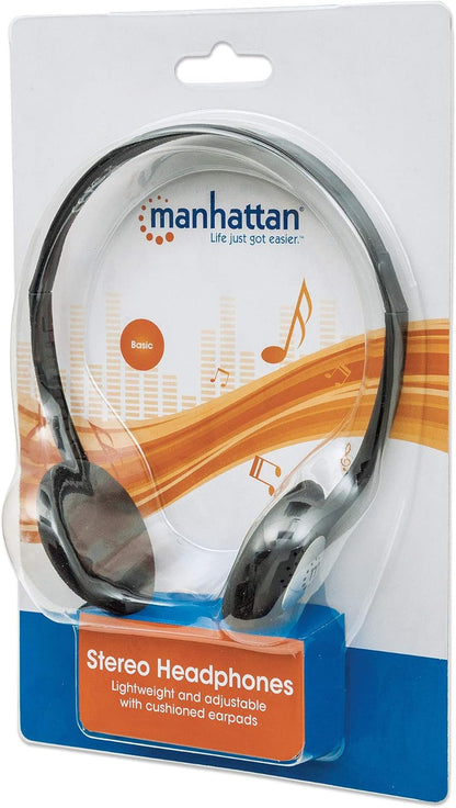 Manhattan Stereo On-Ear Headphones (3.5mm), Adjustable Split Headband, Foam Earpads, Speaker 80W max, Standard 3.5mm stereo jack/plug for audio output, cable 2.2m, Black, Three Year Warranty, Blister