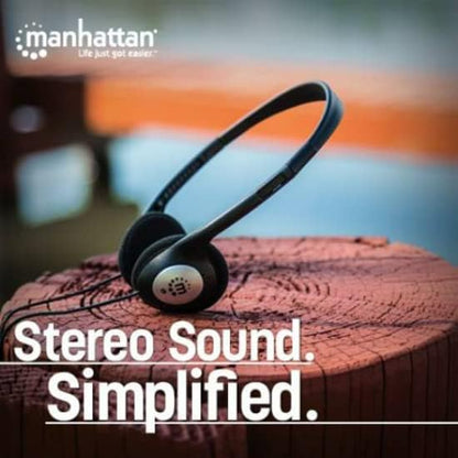 Manhattan Stereo On-Ear Headphones (3.5mm), Adjustable Split Headband, Foam Earpads, Speaker 80W max, Standard 3.5mm stereo jack/plug for audio output, cable 2.2m, Black, Three Year Warranty, Blister