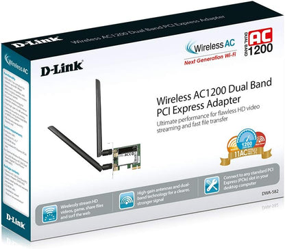 D-Link DWA-582 High-Gain Wi-Fi AC1200 PCIe Wireless Adapter with 2 External Antennas, Black