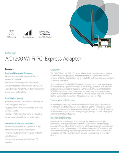 D-Link DWA-582 High-Gain Wi-Fi AC1200 PCIe Wireless Adapter with 2 External Antennas, Black