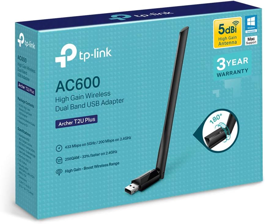 TP-Link AC600 High Gain USB Wi-Fi Dongle, Dual Band Wi-Fi Adapter with 5dBi Antenna for PC/Desktop/Laptop, Supports Windows11/10/8.1/8/7/XP, Mac OS X 10.9-10.14 (Archer T2U Plus
