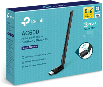 TP-Link AC600 High Gain USB Wi-Fi Dongle, Dual Band Wi-Fi Adapter with 5dBi Antenna for PC/Desktop/Laptop, Supports Windows11/10/8.1/8/7/XP, Mac OS X 10.9-10.14 (Archer T2U Plus