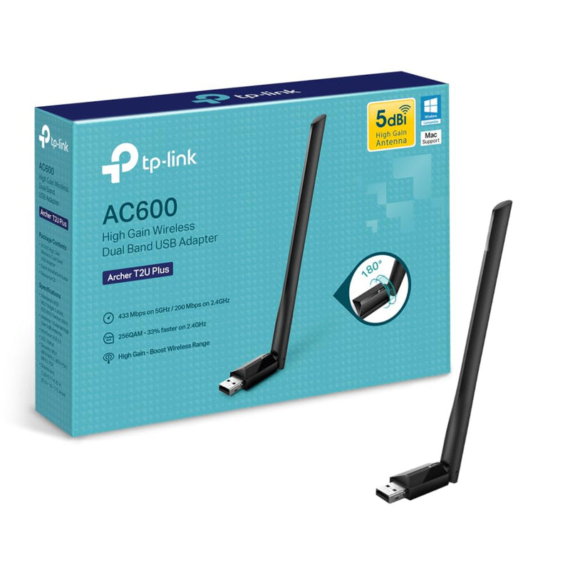 TP-Link AC600 High Gain USB Wi-Fi Dongle, Dual Band Wi-Fi Adapter with 5dBi Antenna for PC/Desktop/Laptop, Supports Windows11/10/8.1/8/7/XP, Mac OS X 10.9-10.14 (Archer T2U Plus
