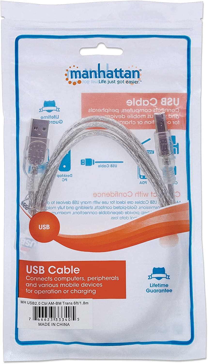 Manhattan A Male/B Male, 1.8m (6 Feet) Translucent Silver Hi-Speed USB Device Cable (333405