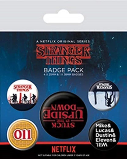 Stranger Things Set of 5 Badges inc The Upside Down 4 x 25mm 1x 32mm - Official Merchandise
