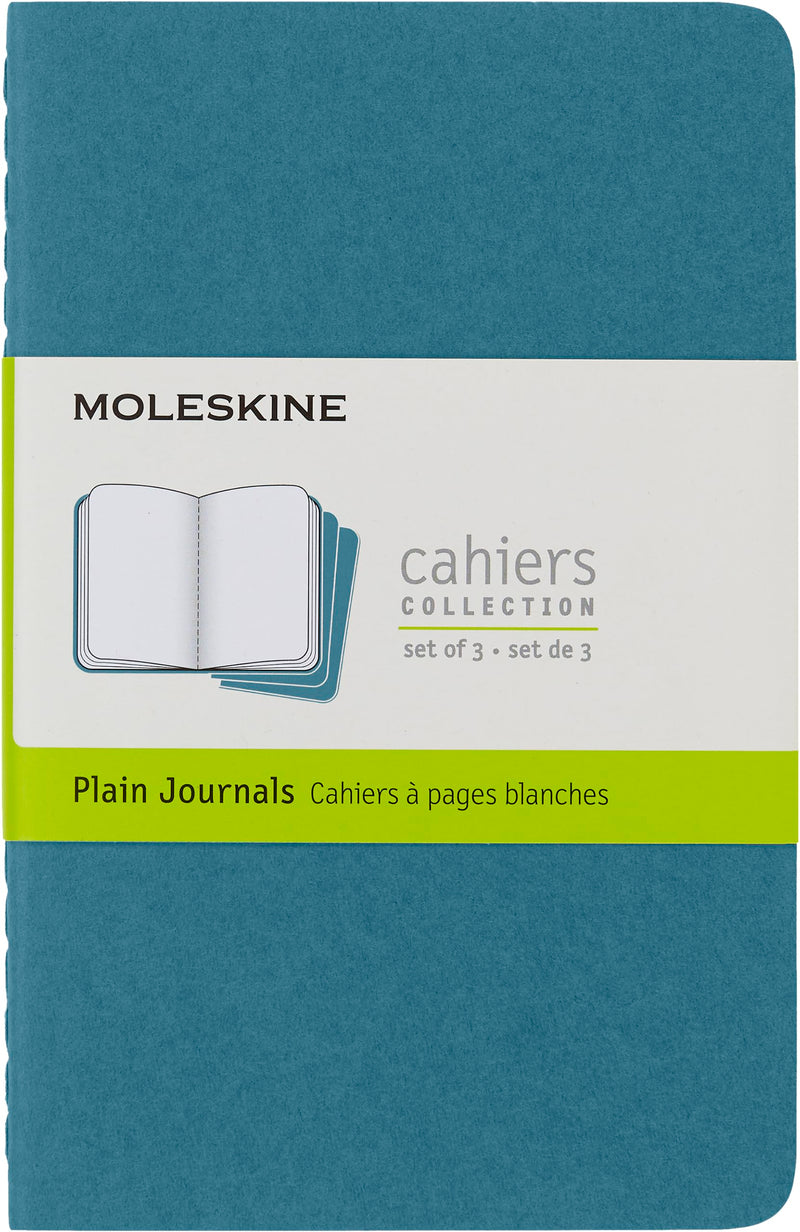 Moleskine Cahier Journal, Set 3 Notebooks with Plain Pages, Cardboard Cover with Visible Cotton Stiching, Colour Brisk Blue, Pocket 9 x 14 cm, 64 Pages